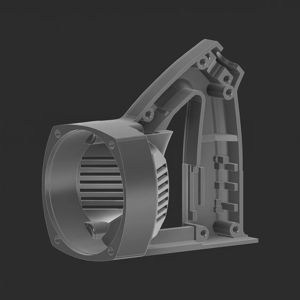 3D modelis: variklio korpusas su ventiliacinėmis grotelėmis, tvirtinimo angomis ir rankena